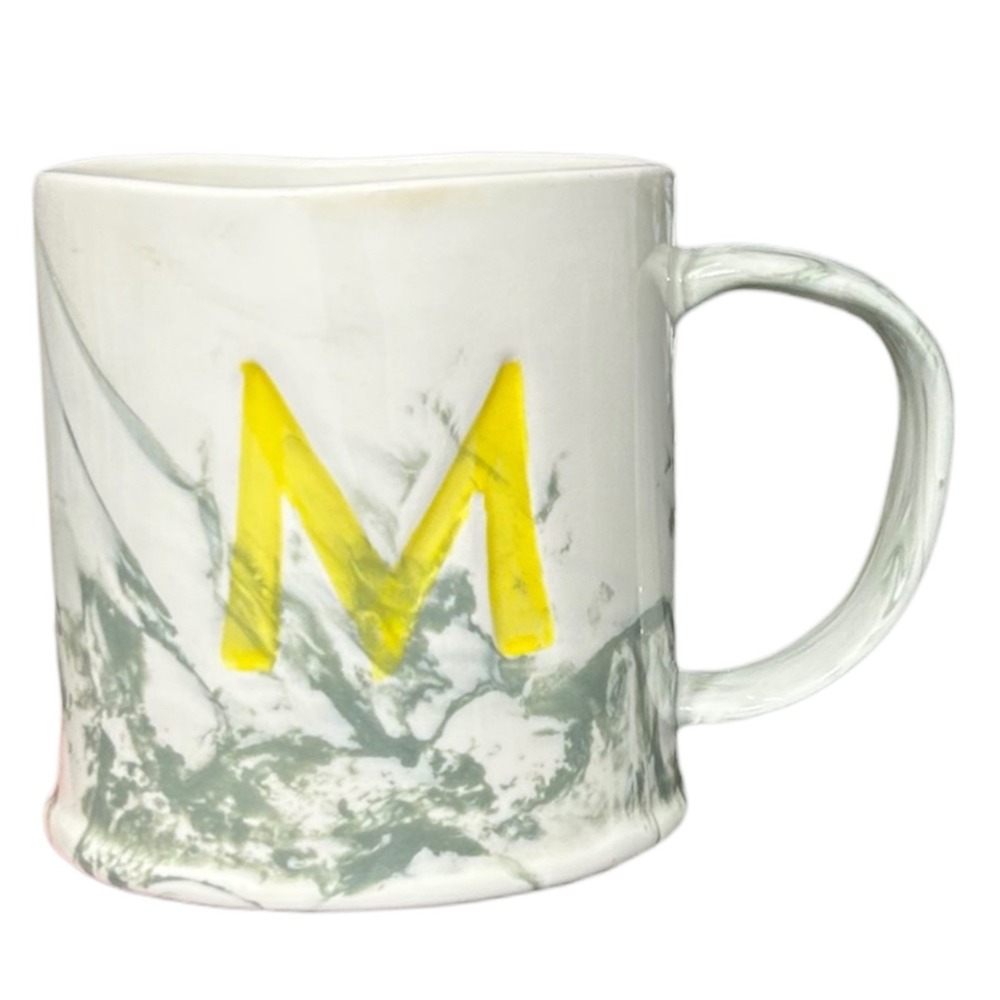 Anthropologie Marbled Monogram Mug M white grey Marble and Yellow M Coffe Mug